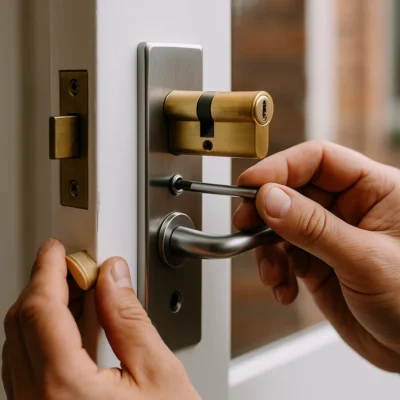 Slotenmaker vervangt een cilinderslot in een deur in Amsterdam.