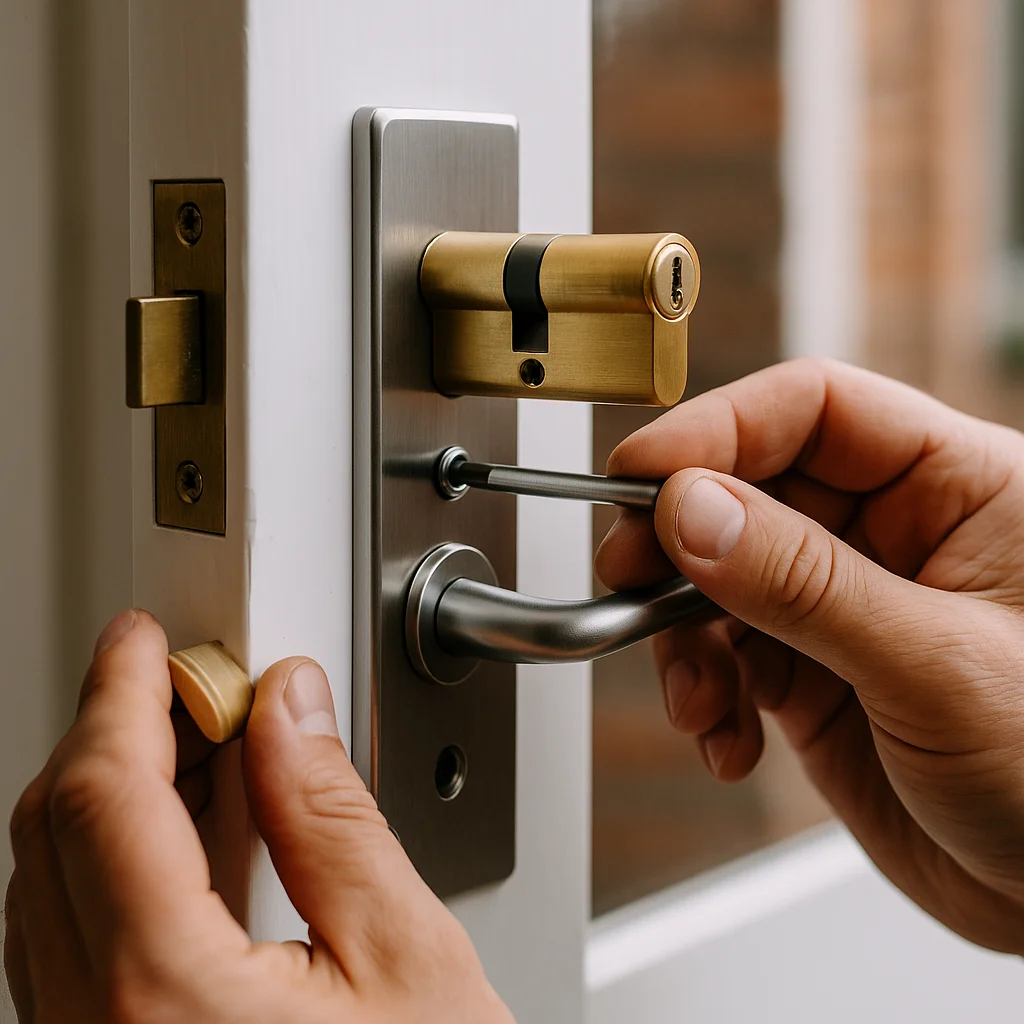 Slotenmaker vervangt een cilinderslot in een deur in Amsterdam.