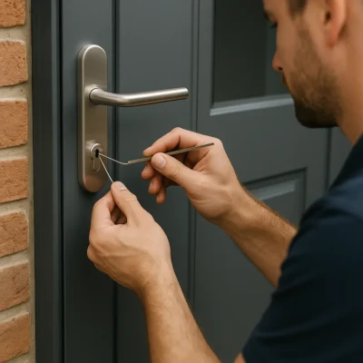 Een slotenmaker opent voorzichtig een modern deurslot met speciaal gereedschap.