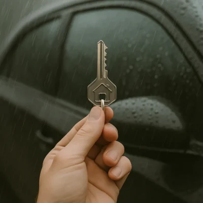 slotenmaker Amsterdam? Hand houdt een huissleutel omhoog in de regen voor een beslagen auto