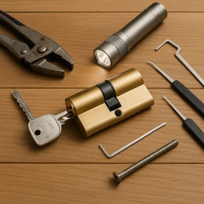 Locksmith gebruikt professioneel gereedschap om cilinderslot schadevrij te openen