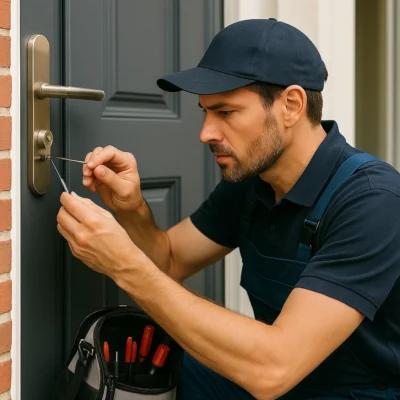 Slotenmaker opent een moderne deur met lockpick gereedschap en toolkit naast zich.