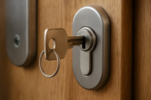 Close-up van een metalen sleutel in een modern cilinderslot op een houten deur.