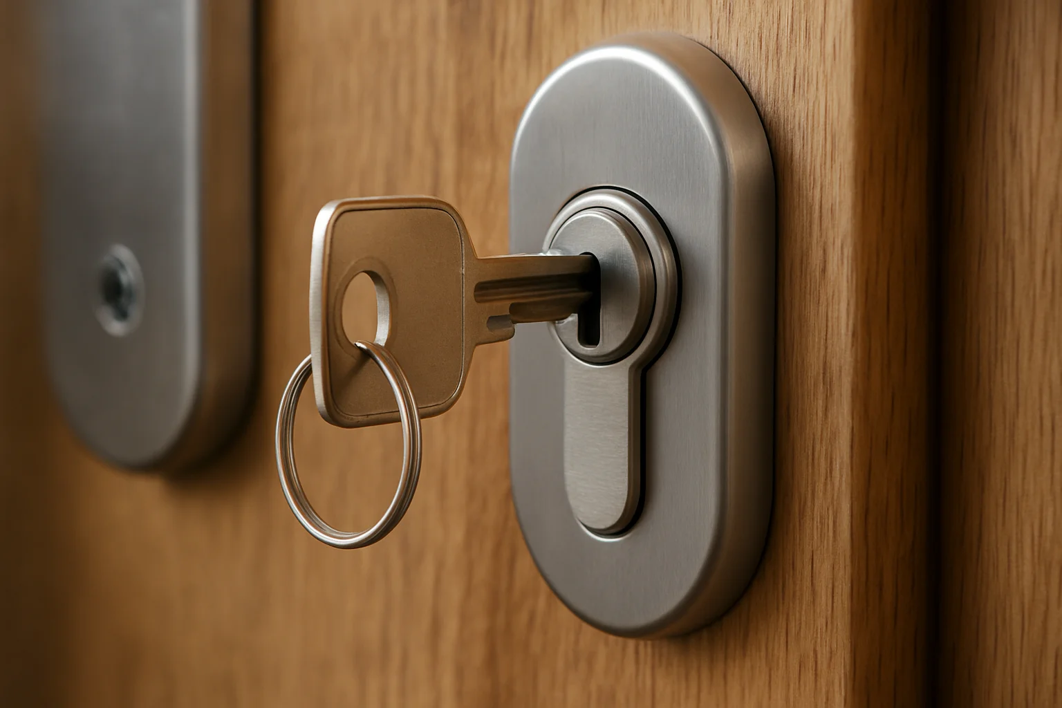 Close-up van een metalen sleutel in een modern cilinderslot op een houten deur.