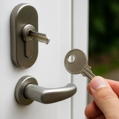 Afgebroken sleutel in cilinderslot met hand die het losse deel vasthoudt