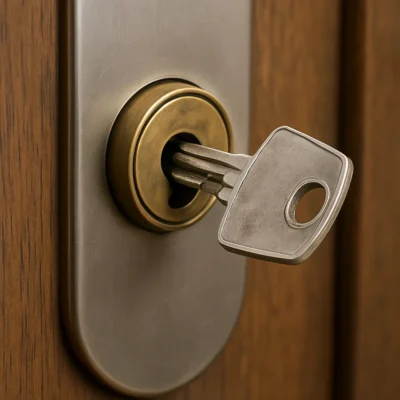 Close-up van een sleutel afgebroken in een messing cilinderslot op een houten deur