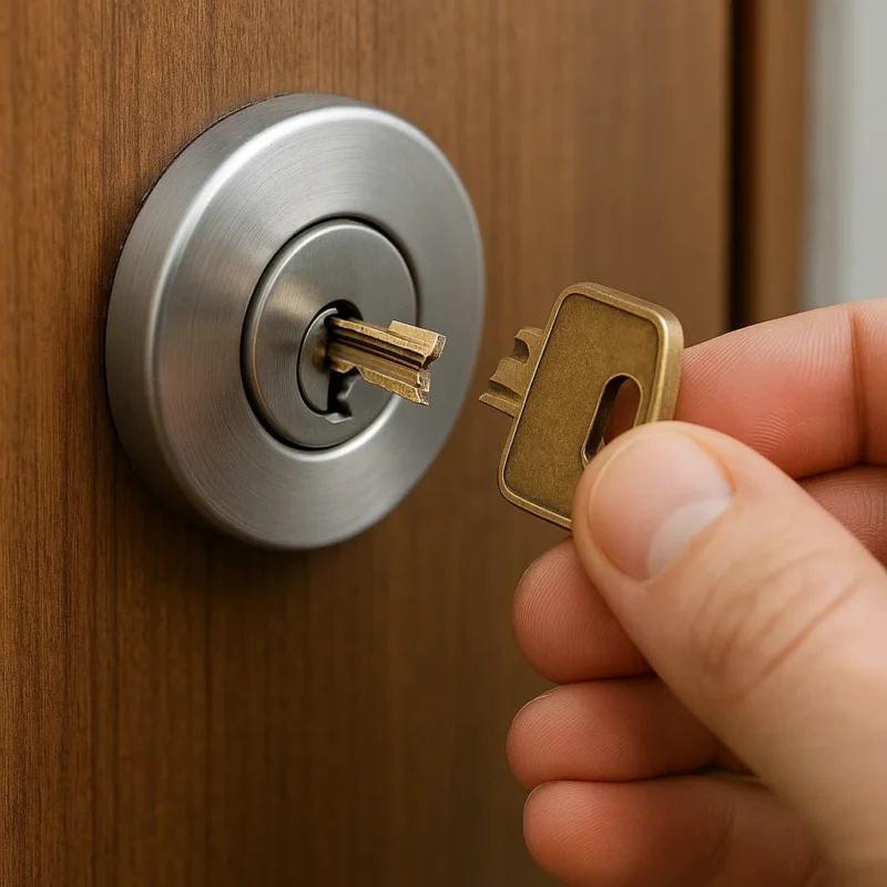 Hand houdt afgebroken sleutel vast bij cilinderslot in houten deur