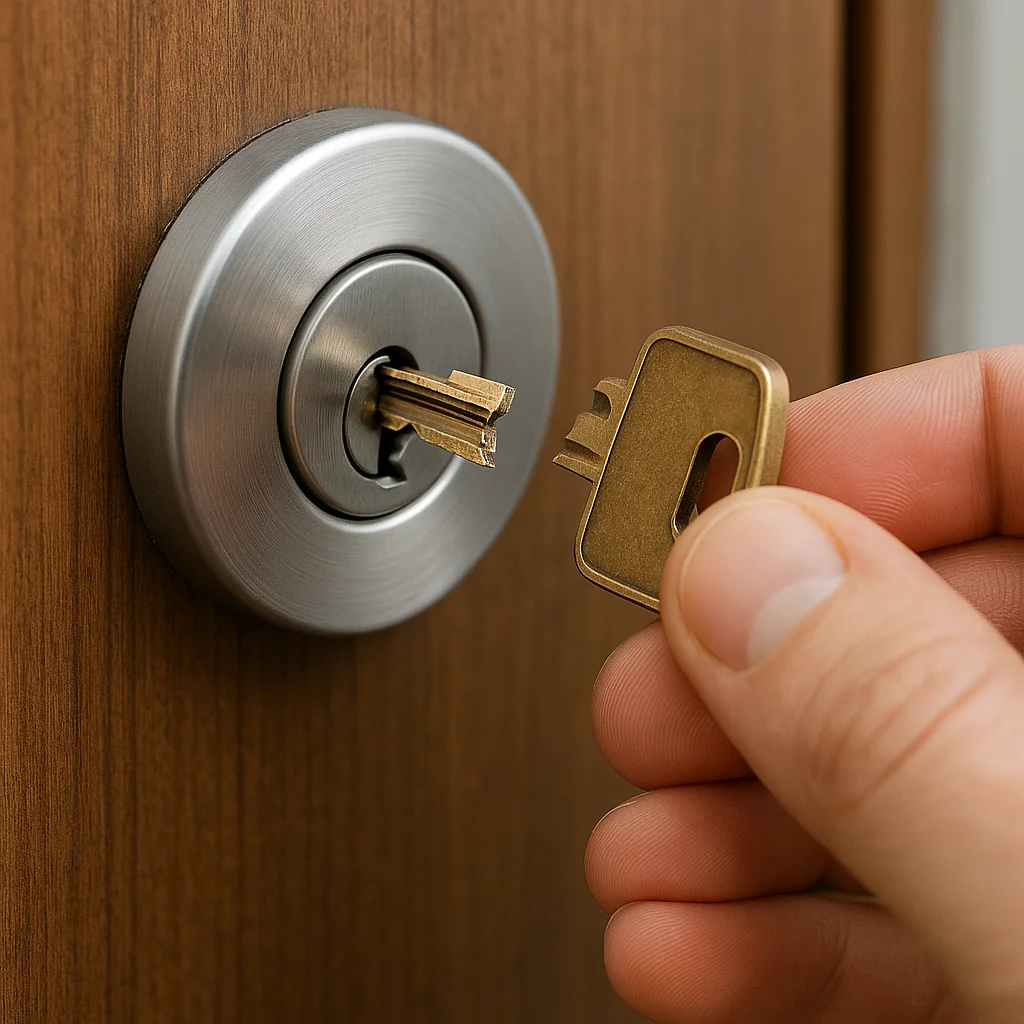 Hand houdt afgebroken sleutel vast bij cilinderslot in houten deur