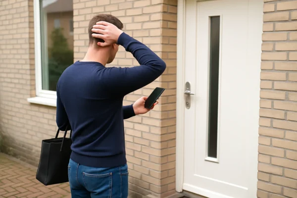 Man staat buitengesloten voor zijn woning, kijkt naar zijn telefoon en krabt aan zijn hoofd in frustratie.
