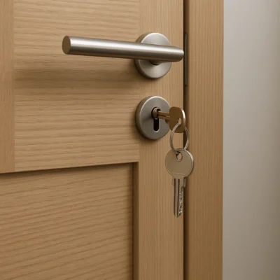 Close-up van een houten deur met een metalen deurklink en een sleutel die in het slot steekt.