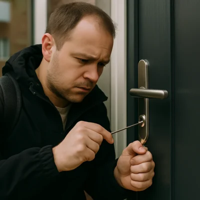 Man probeert gespannen een deur te openen met een lockpick nadat hij zijn sleutel is vergeten.