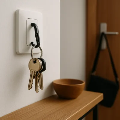 Huissleutels hangen aan een haakje in een lichte, moderne hal naast een openstaande deur.