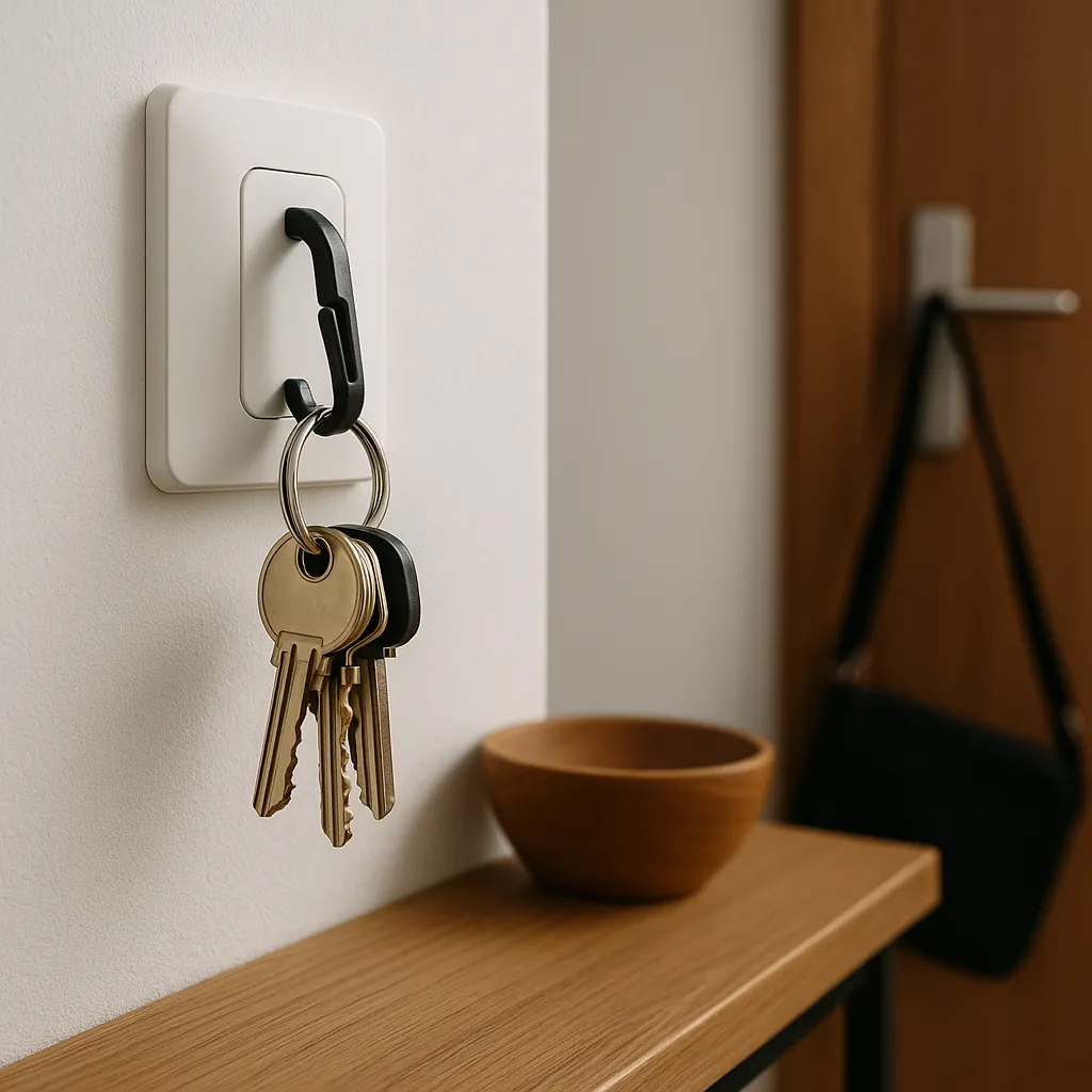 Huissleutels hangen aan een haakje in een lichte, moderne hal naast een openstaande deur.