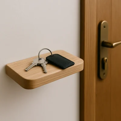 Sleutels met zwarte sleutelhanger liggen op een klein houten plankje naast een deur met messing handgreep.