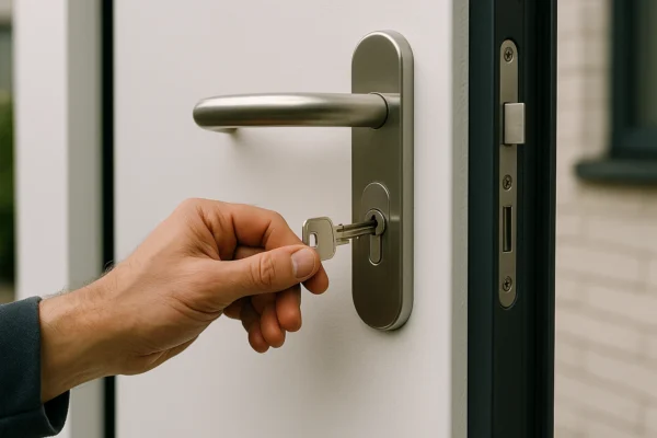 Hand die een sleutel in een modern cilinderslot van een witte deur steekt.