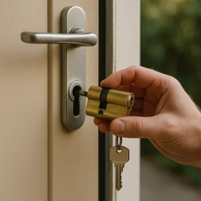Hand vervangt een cilinderslot in een buitendeur met sleutel zichtbaar