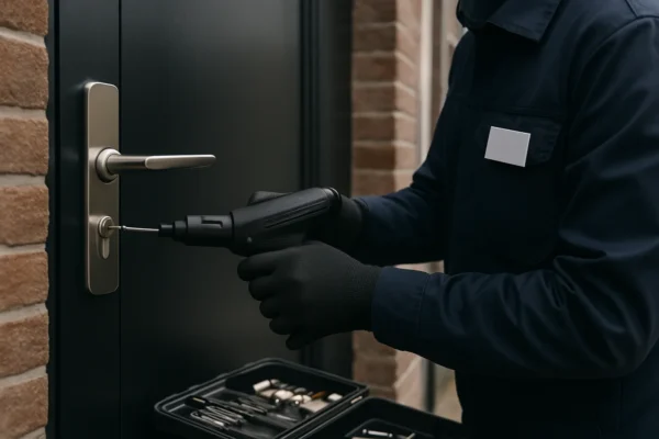 Locksmith in Amsterdam opent een modern cilinderslot met professioneel gereedschap en draagt zwarte handschoenen.