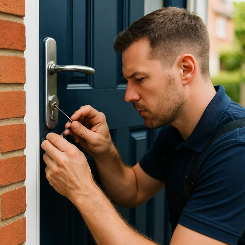 Slotenmaker opent deur met professioneel gereedschap.