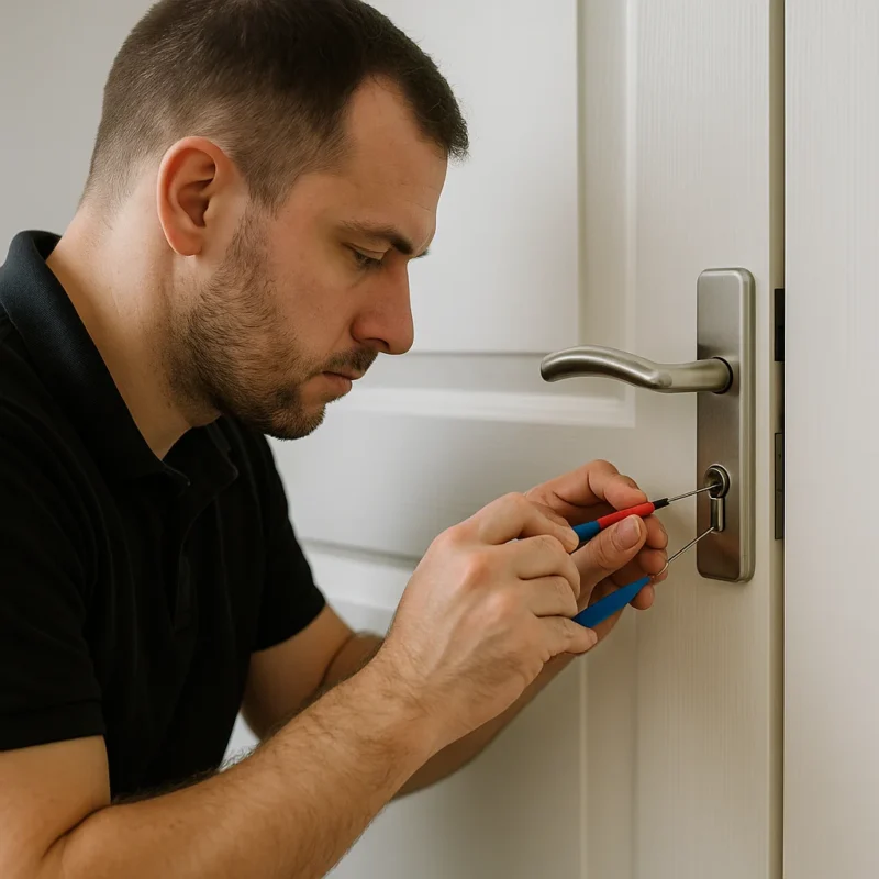 Slotenmaker opent zorgvuldig een modern deurslot met professioneel gereedschap.