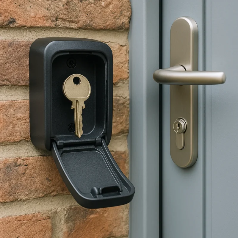 Sleutel in een muurkluis naast een moderne buitendeur