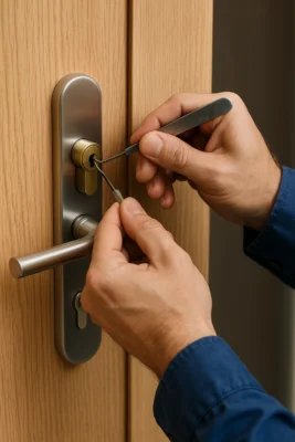 Close-up van een slotenmaker die met precisiegereedschap een cilinderslot schadevrij opent, zonder tekst in beeld.