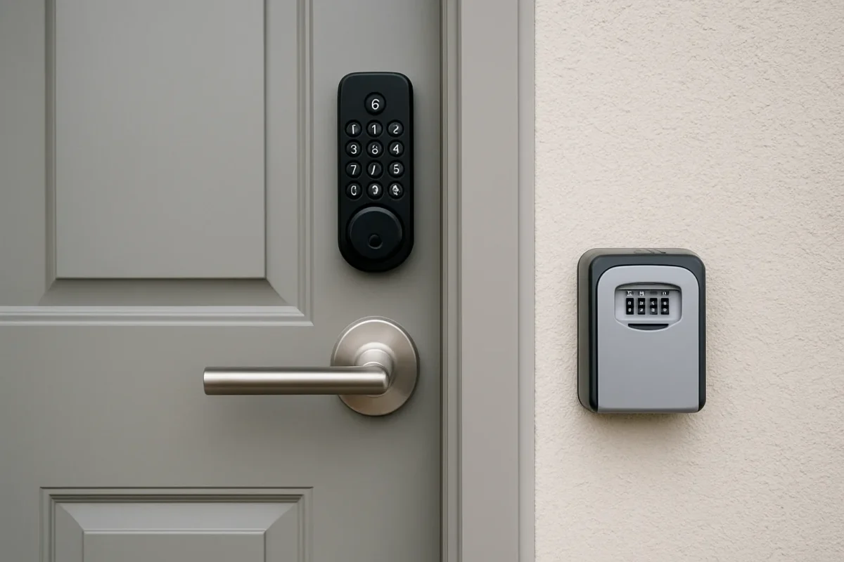 Moderne grijze voordeur met een digitaal cijferslot en een wandgemonteerde sleutelkluis met code, in een nette, lichte gevel.