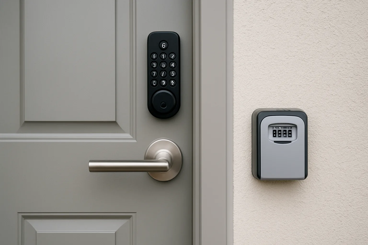 Moderne grijze voordeur met een digitaal cijferslot en een wandgemonteerde sleutelkluis met code, in een nette, lichte gevel.