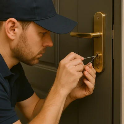 slotenmaker opent modern deurslot met professioneel gereedschap