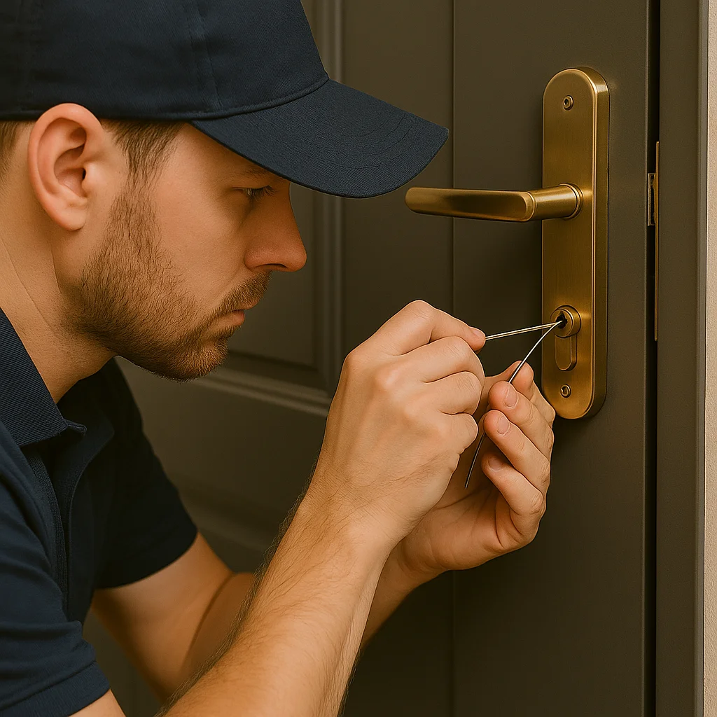 slotenmaker opent modern deurslot met professioneel gereedschap