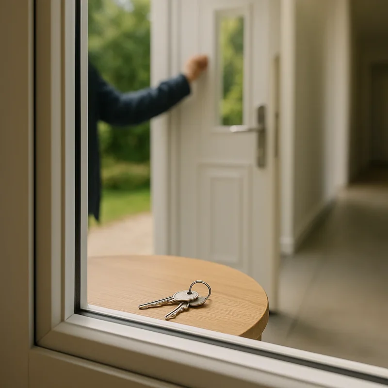 Sleutelbosje ligt scherp in beeld op een licht houten tafeltje bij een binnendeur, gezien door een glazen deurpaneel; op de achtergrond staat buiten een persoon onscherp bij de deur.