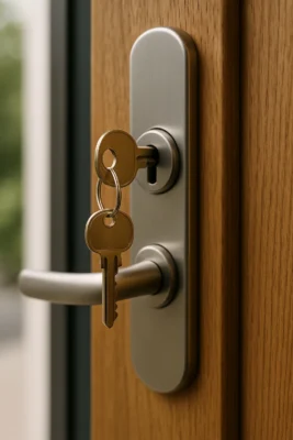 Sleutel in modern deurslot van geborsteld staal, close-up, zonder tekst of logo.