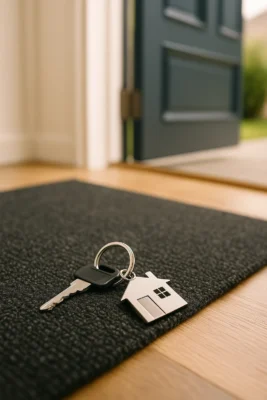 Sleutelbos met huisvormige sleutelhanger ligt op deurmat bij open voordeur.