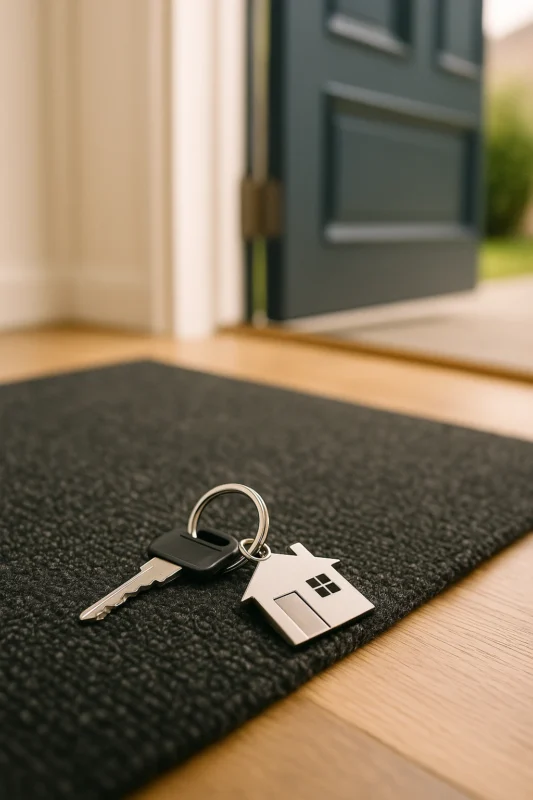 Sleutelbos met huisvormige sleutelhanger ligt op deurmat bij open voordeur.