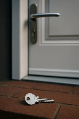 Sleutel ligt op rode bakstenen stoep voor een witte voordeur.