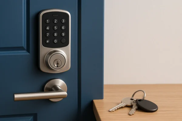 Slim deurslot met pincode en sleutelset op tafel.