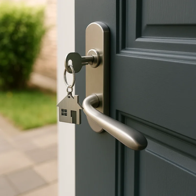 Sleutel in moderne voordeur met metalen huisvormige sleutelhanger.