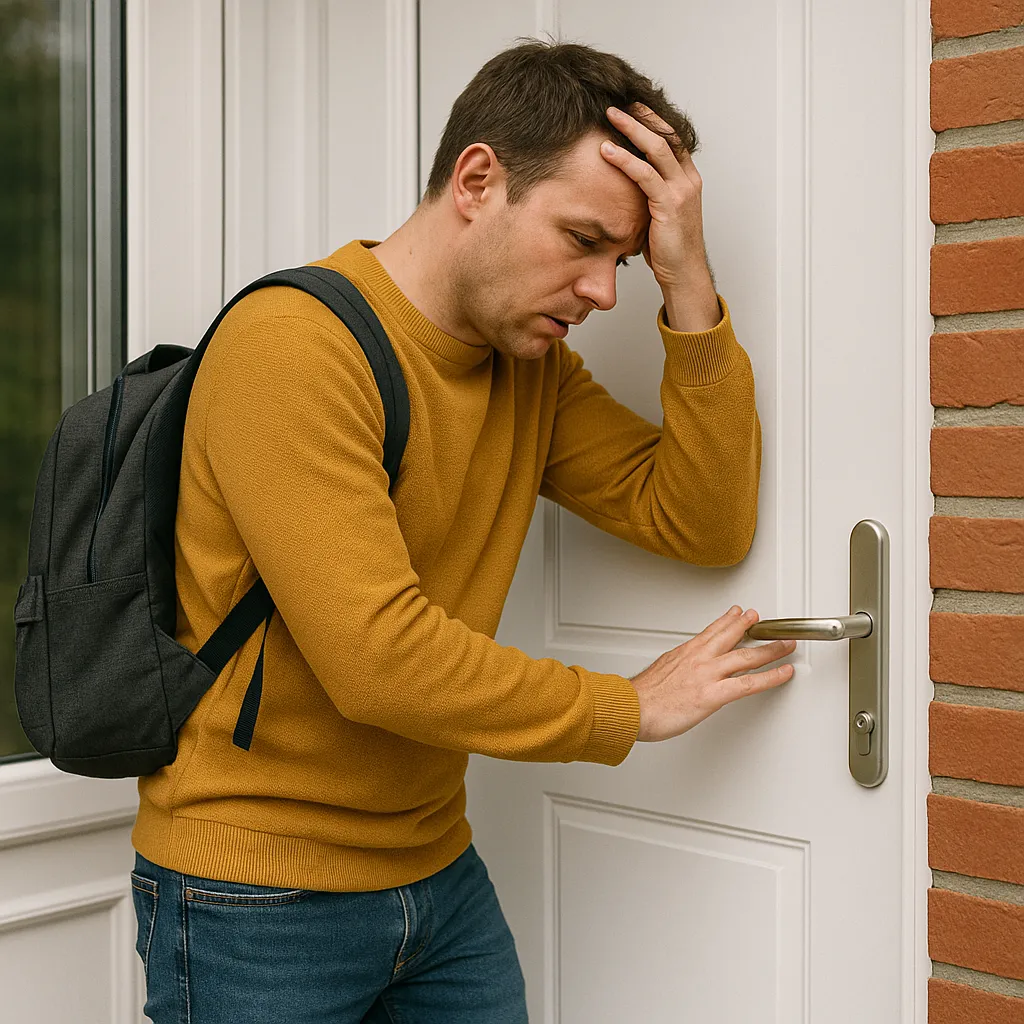Man staat gefrustreerd voor een gesloten deur met zijn hand op zijn hoofd, zichtbaar buitengesloten.