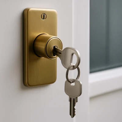 moderne cilinder in gouden deurplaat met sleutel ingeplugd