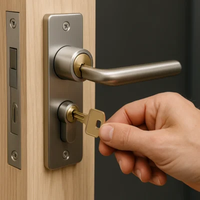 Close-up van een modern deurslot met sleutel in een houten deur.