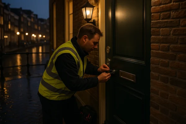 Slotenmaker opent een donkere voordeur in Amsterdam bij avondlicht, met gereedschap en reflecterende verlichting op de natte straat.