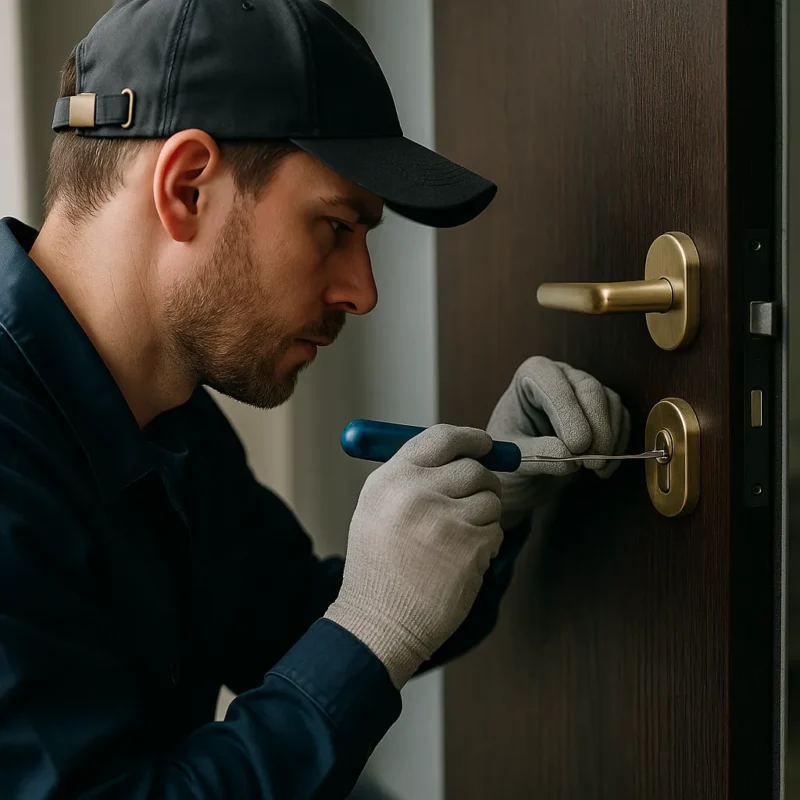Slotenmaker opent zorgvuldig een modern deurslot met professioneel gereedschap.