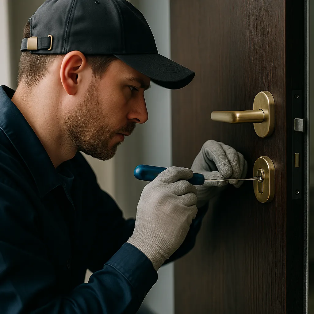 Slotenmaker opent zorgvuldig een modern deurslot met professioneel gereedschap.