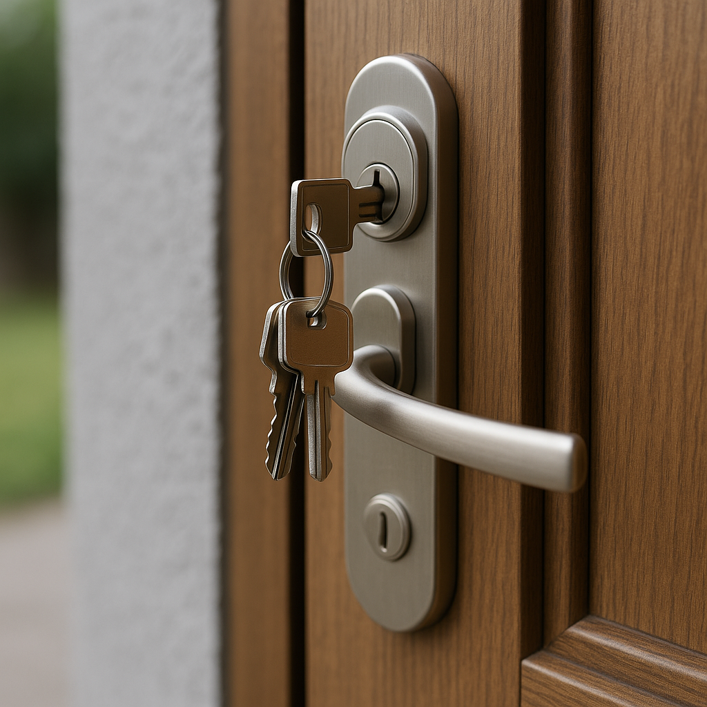 Slotenmaker opent houten voordeur zonder sleutel met veilig gereedschap, close up van deurklink met sleutels in modern cilinderslot.