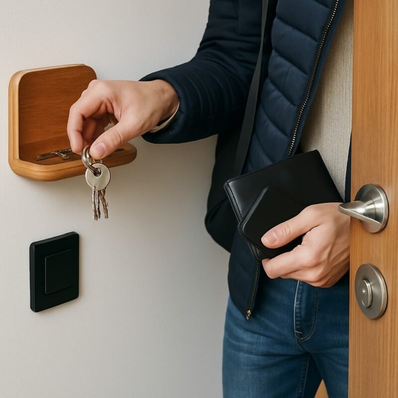 Persoon hangt sleutels aan een houten sleutelplankje naast een open deur met modern deurslot.