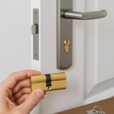 Nieuwe eurocilinder wordt geplaatst tijdens sloten vervangen bij een voordeur