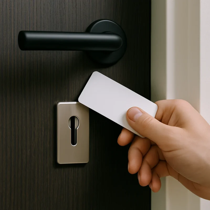 Hand die met een plastic kaart probeert een deur zonder sleutel te openen bij een modern slot.