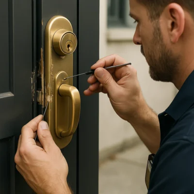 Slotenmaker werkt nauwkeurig aan een messing veiligheidsslot met professioneel gereedschap.