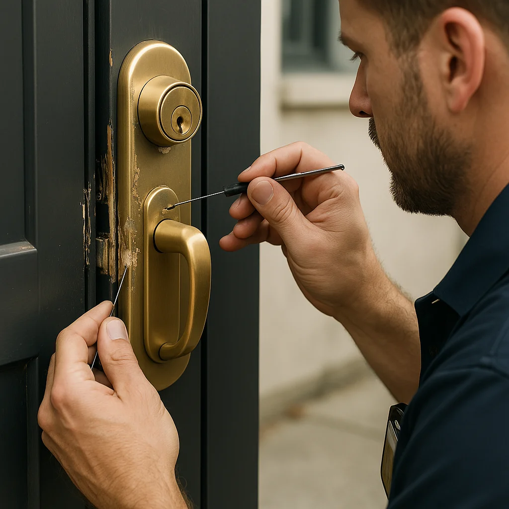 Slotenmaker werkt nauwkeurig aan een messing veiligheidsslot met professioneel gereedschap.