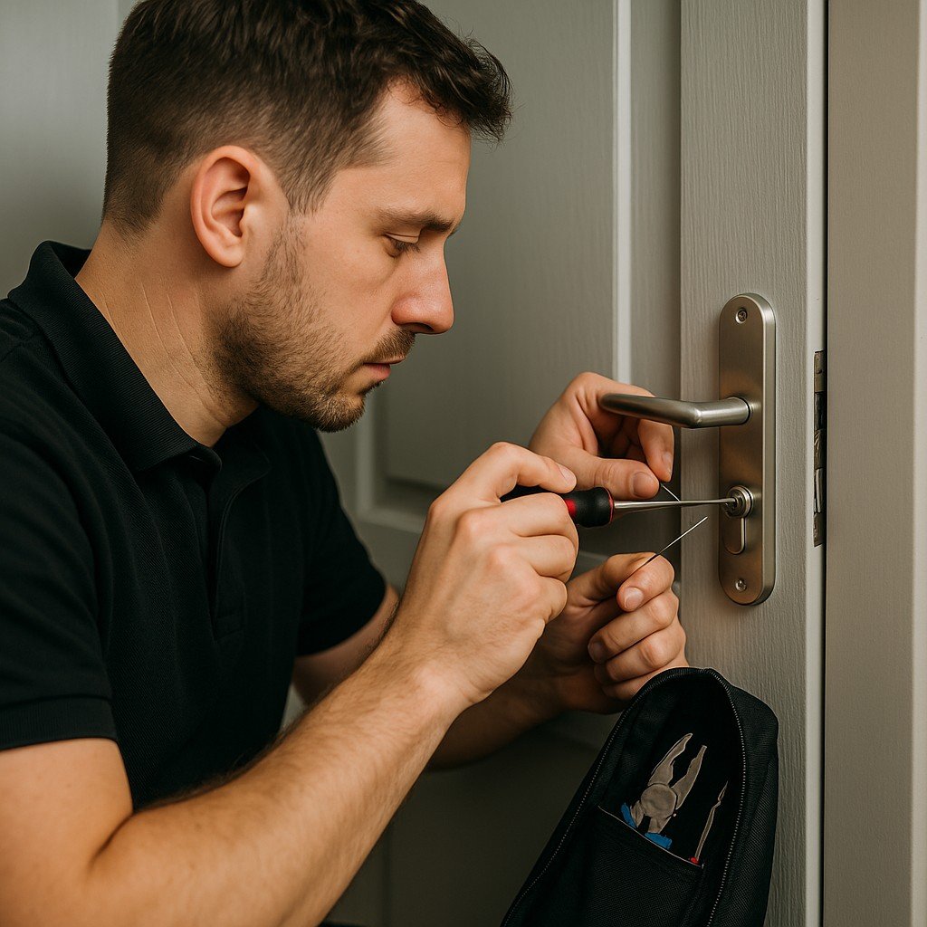 Professionele slotenmaker die een deur opent met gespecialiseerd gereedschap.