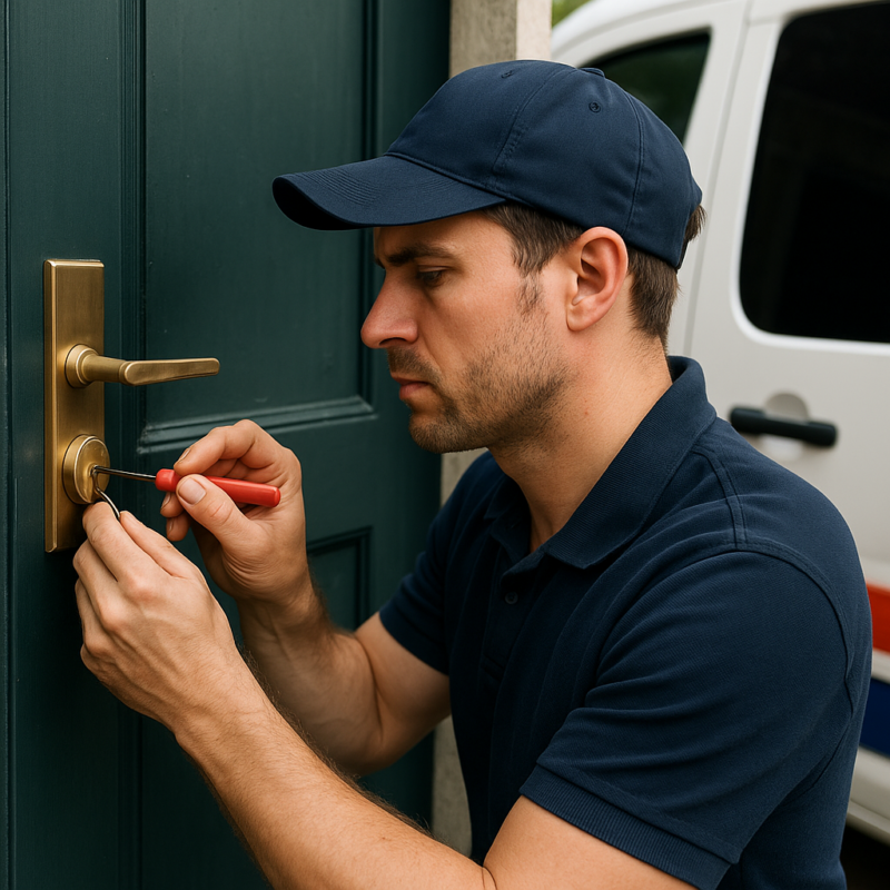 Professionele slotenmaker die met gespecialiseerd gereedschap een voordeur opent.